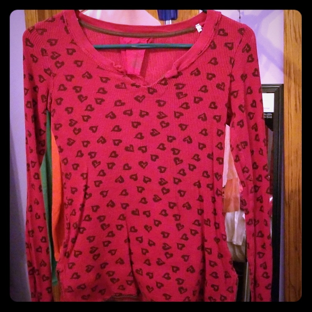 Red Long Sleeve Shirt with Brown Hearts